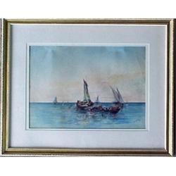 H. J. Harris watercolor, sailboats, signed H.