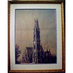 Unsigned watercolor of a Cathedral, mid 19th