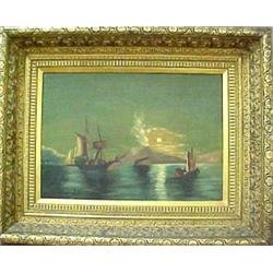 Unsigned marine scene with sailboats in moonl