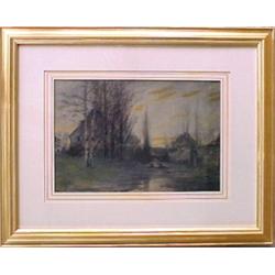 A.L.Groll watercolor, house by a stream at su