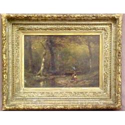 Unsigned oil on board landscape with woman, i
