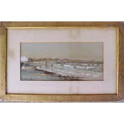 Edmund Darch Lewis watercolor, beach scene wi