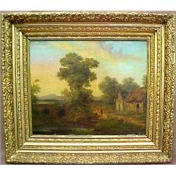 Oil on board, 19th C. landscape with house an