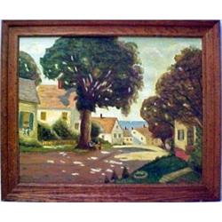 H. Papier oil on masonite, street scene of Ro