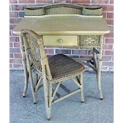 Painted wicker desk and chair, desk with wick