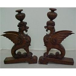 A pair of oak carved griffin supports, each m