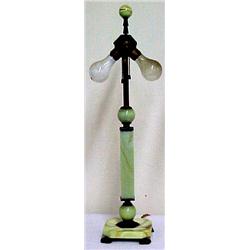 Art Deco lamp, green slag glass and brass sta