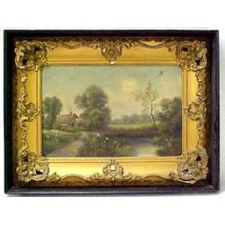 Unsigned oil on canvas landscape with house and pond