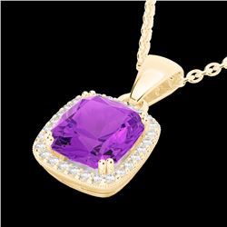 Genuine 3.0 CTW Amethyst & Micro Pave Diamond Pave Halo Solitaire Necklace 18K Gold - 22817-REF#42H5