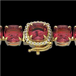 Genuine 40 CTW Pink Tourmaline & Micro Pave Diamond Halo Bracelet 14K Yellow Gold - 23321-REF#352G4W