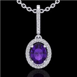 Genuine 1.75 CTW Amethyst & Micro Pave Diamond Necklace Solitaire Halo 18K Gold - 20647-REF#47A2N