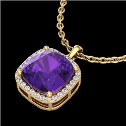 Genuine 6.0 CTW Amethyst & Micro Pave Halo Diamond Necklace Solitaire 18K Gold - 23075-REF#47Y8V