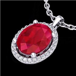 Genuine 3.0 CTW Ruby & Micro Pave Diamond Certified Necklace Halo 18K Gold - 21087-REF#39Y5V