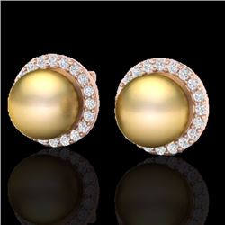 Genuine 0.50 CTW Micro Pave Halo Diamond Certified & Golden Pearl Earrings 14K Gold - 21493-REF#43K2