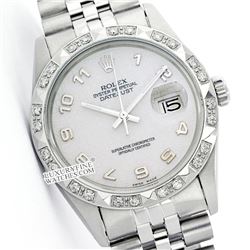 Rolex Men's Stainless Steel, QuickSet, Arabic Dial Pyramid Diam Bezel - REF#414K5A