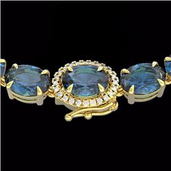 Genuine 90 CTW London Blue Topaz & Diamond Tennis Micro Halo Necklace Gold - 23485-REF#200X9A