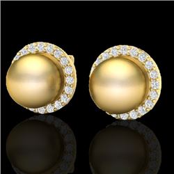 Genuine 0.50 CTW Micro Pave Halo Diamond Certified & Golden Pearl Earrings 18K Gold - 21495-REF#50N3