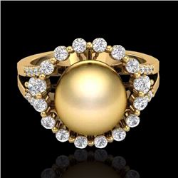 Genuine 0.83 CTW Micro Pave Diamond Certified & Golden Pearl Halo Ring 18K Gold - 20703-REF#62M4H