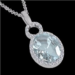 Genuine 3.0 CTW Aquamarine & Micro Pave Solitaire Halo Diamond Necklace 14K Gold - 22753-REF#50H5R