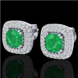 Natural 2.16 CTW Emerald & Micro Pave Diamond Earrings Solitaire Double Halo 18K Gold - 20344-REF#90