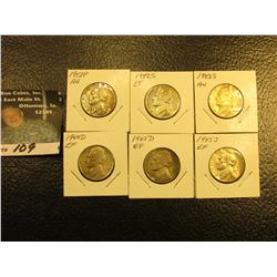 Partial Set of U.S. Silver War Nickels all grading EF-AU, includes 1942 P, 42 S, 43 S, 44 D, 45D, &