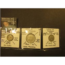 Spanish Silver Coins: 1889 MP-M 50 Cent, VF; 1900 Una Peseta, KM706, EF; & 1904 50 Centimes, KM723,