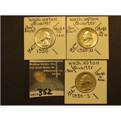 1950 P, D, & S Washington Silver Quarters, All VF.