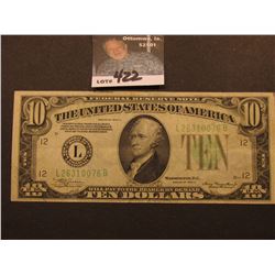 Series 1934 A $10 Federal Reserve Note, obverse Macro D173, reverse Macro 972, VF.