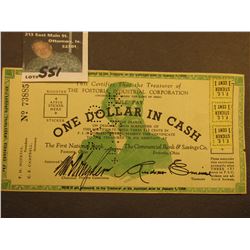 1936 "One Dollar in Cash" Depression Scrip "The Fostoria Industrial Corporation...Fostoria, Ohio" ca