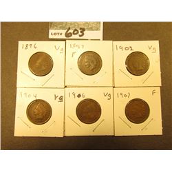 1896 VG, 97 Fine, 1902 VG, 1904 VG, 1906 VG, & 1907 Fine Indian Head Cents.