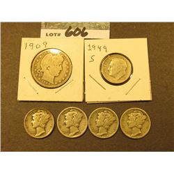 1935 P, 36 P, 37 D, 38 P, & 49 S Silver Dimes, & 1909 P Barber Quarter. Circulated.