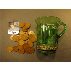 Emerald Glass Mug with Goldine base marked "Souvenir of Pierce, Nebr." with (51) Old 1940 era Panama