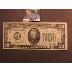 Series 1934D $20 Federal Reserve Note "J" Kansas City, Missouri. Macro plate obverse L60, reverse ma