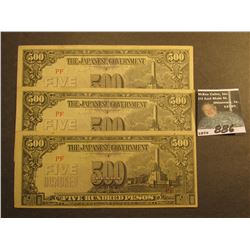 (3) $500 Peso "The Japanese Government" Philippines Occupation World War II Bank Notes, Red "PF" let