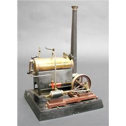 19th century German stationary steam engine with brass boiler, plain tinplate funnel, adjustable...