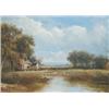 Image 1 : Joseph Thors - Cottages on the edge of a wood, with a man in a punt on a pond, and geese; and a c...
