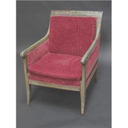 Antique continental armed chair in green with red outlines and foliate scrolls to the upper rail,...