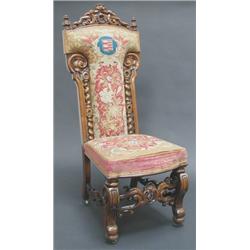 A FINE VICTORIAN ROSEWOOD ARMORIAL PRIE DIEU CHAIR with intricately carved and pierced cresting r...