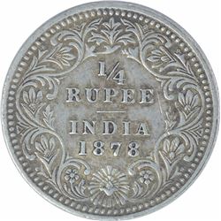 Silver Quarter Rupee Coin of Victoria Empress of Calcutta Mint of 1878.