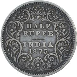 Silver Half Rupee Coin of Victoria Queen of Calcutta Mint of 1875.