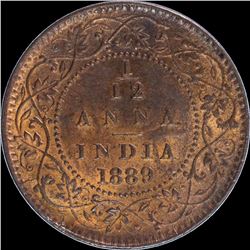 Copper One Twelfth Anna Coin of Victoria Empress of 1889.