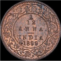 Copper One Twelfth Anna Coin of Victoria Empress of Calcutta Mint of 1899.