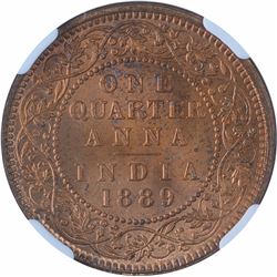 Copper One Quarter Anna Coin of Victoria Empress of Calcutta Mint of 1889