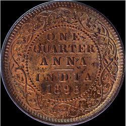 Copper One Quarter Anna Coin of Victoria Empress of Calcutta Mint of 1893