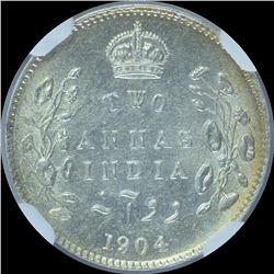 Silver Two Annas Coin of King Edward VII of 1904.