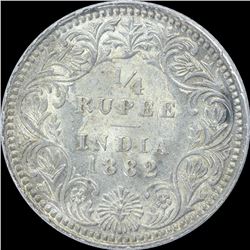 Silver One Quarter Rupee coin of Victoria Empress of 1882.