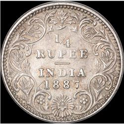 Silver Quarter Rupee Coin of Victoria Empress of Bombay Mint of 1887.