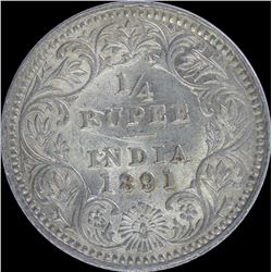 Silver Quarter Rupee of Victoria Empress of 1891.