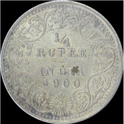 Silver One Quarter Rupee coin of Victoria Empress of 1900.