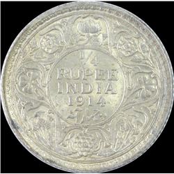 Silver Quarter Rupee Coin of King George V of Bombay Mint of 1914.